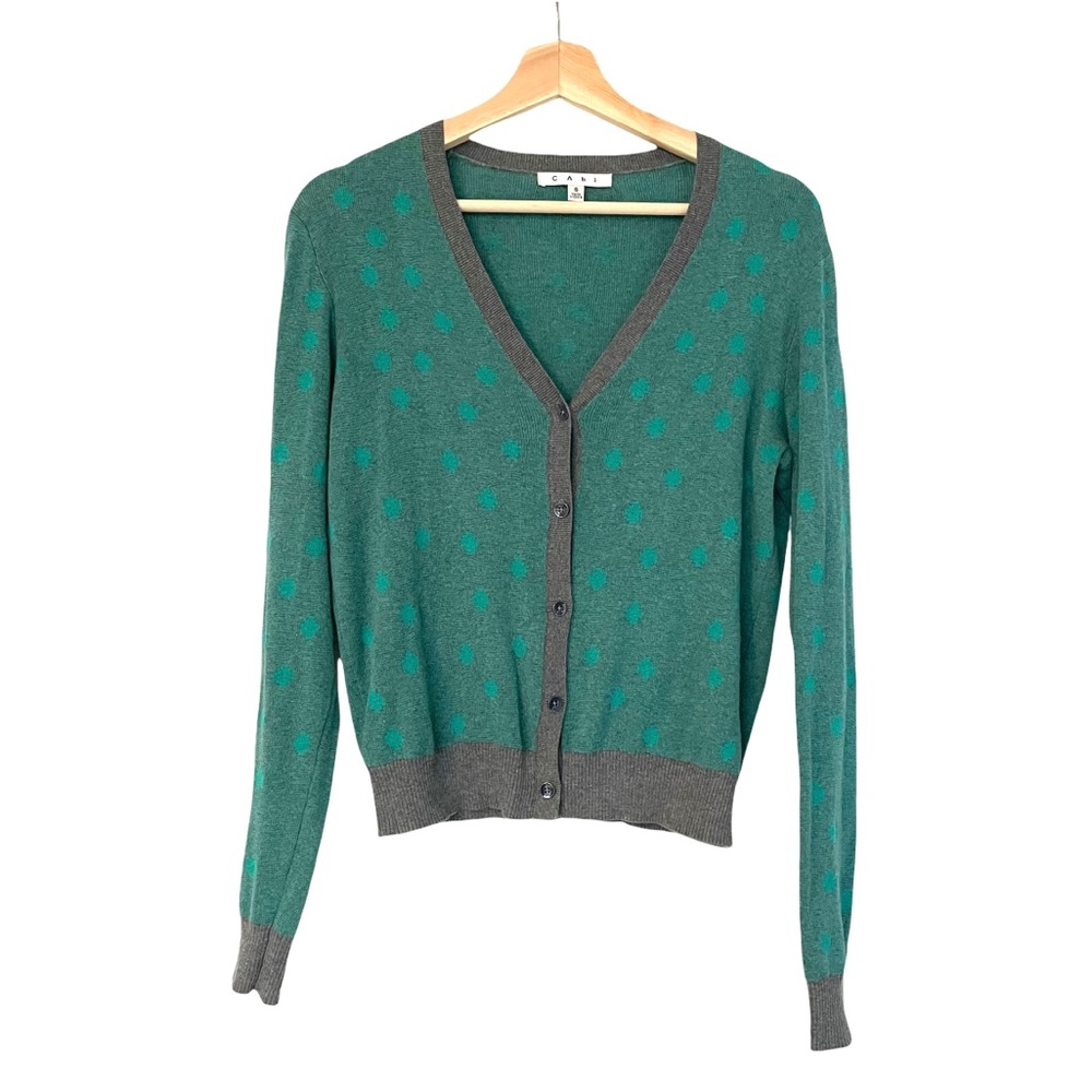 CABi Polka Dot V-neck Button Cardigan Grey Green